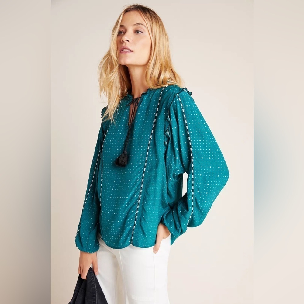ANTHROPOLOGIE | DOLAN COLLECTION LUCILLE EMBROIDERY RUFFLE PRINTED BLOUSE LARGE